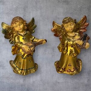 Vintage Italy Gold Tone Angel Figurines Set of 2 Musicians Cherub 4"